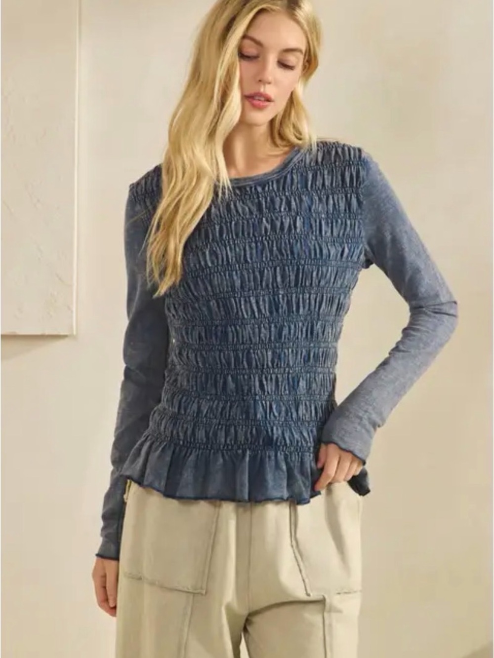Sage + Fig Smocked Ruffle Top Size Large Blue Acid Wash Long Sleeve NWT